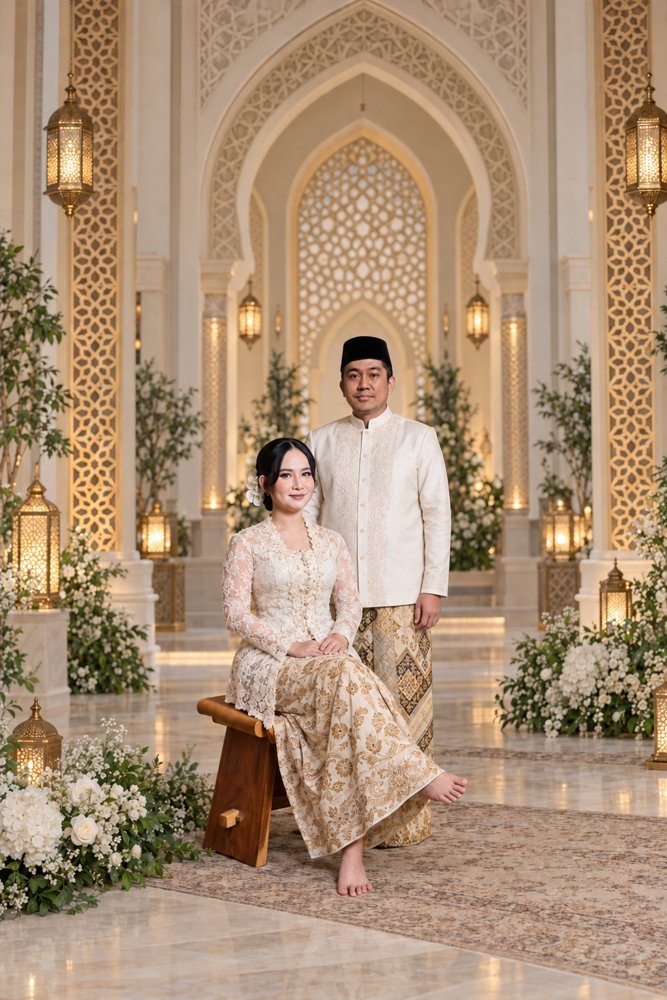 Yuli duduk dan Iwan berdiri di sampingnya dalam busana putih